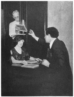 Fig 18: Houdini, Mrs Houdini, and Mr Teale demonstrating a method of switching slates over a sitter's head